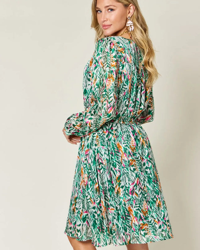 Double Take Full Size Printed Drawstring Waist Long Sleeve Dress