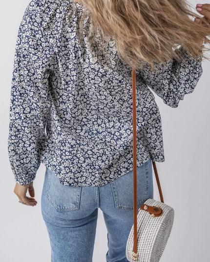 Floral Print Notched Long Sleeve Blouse