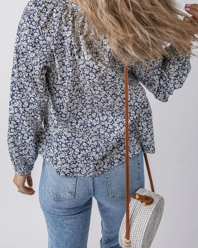 Floral Print Notched Long Sleeve Blouse
