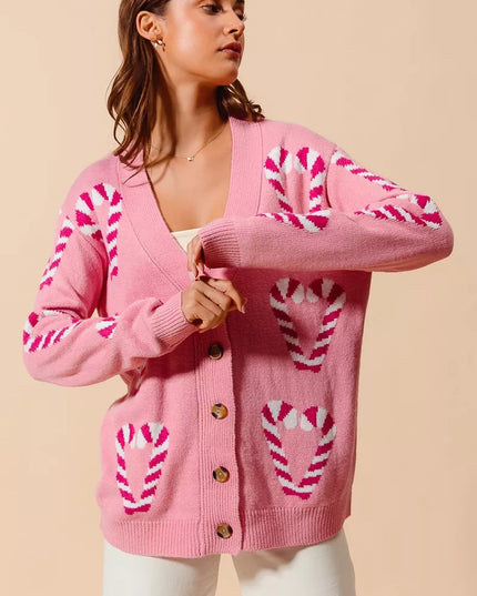 SO ME Christmas Candy Cane Button Front Sweater Cardigan