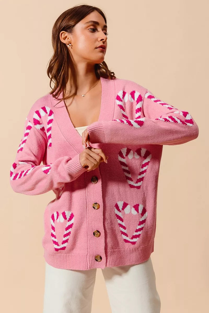 SO ME Christmas Candy Cane Button Front Sweater Cardigan