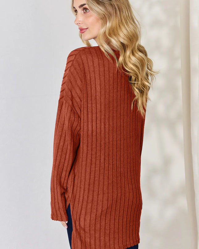 Basic Bae Full Size Ribbed Half Button Long Sleeve High-Low T-Shirt