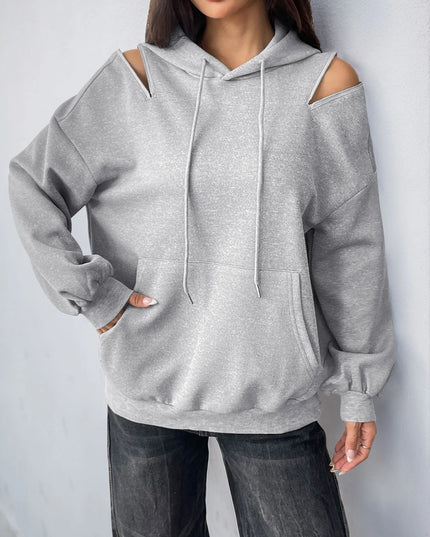 Drawstring Zip Detail Cold Shoulder Hoodie Light Gray