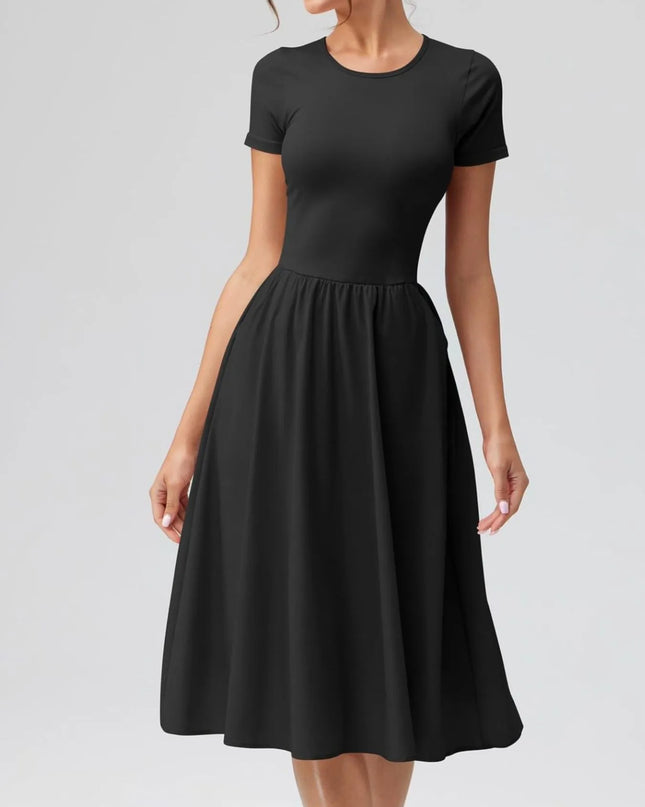 Round Neck Short Sleeve Dress Black
