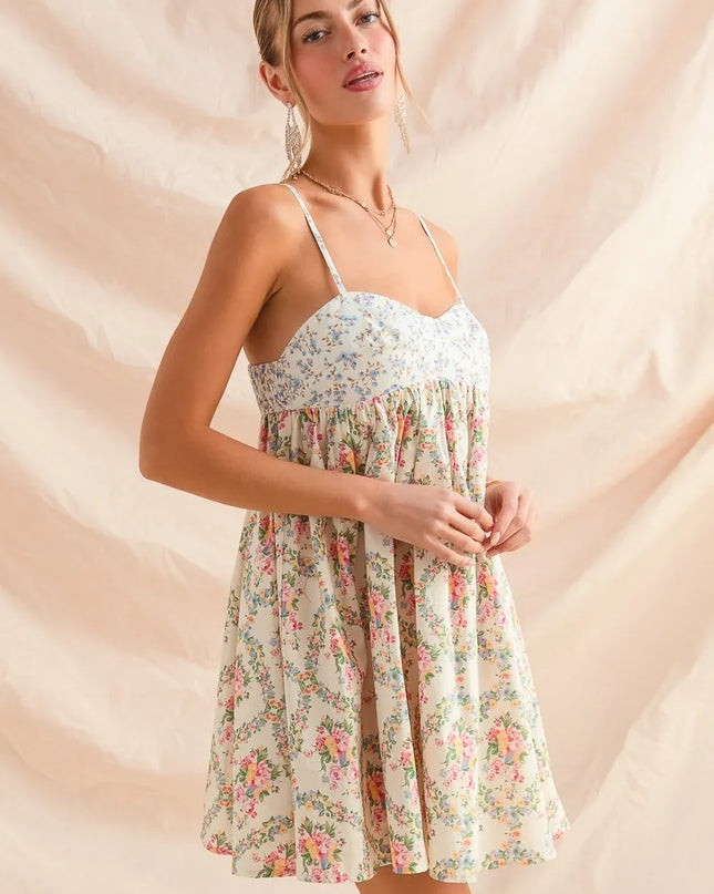 SO ME Mixed Floral Print Sleeveless Mini Dress