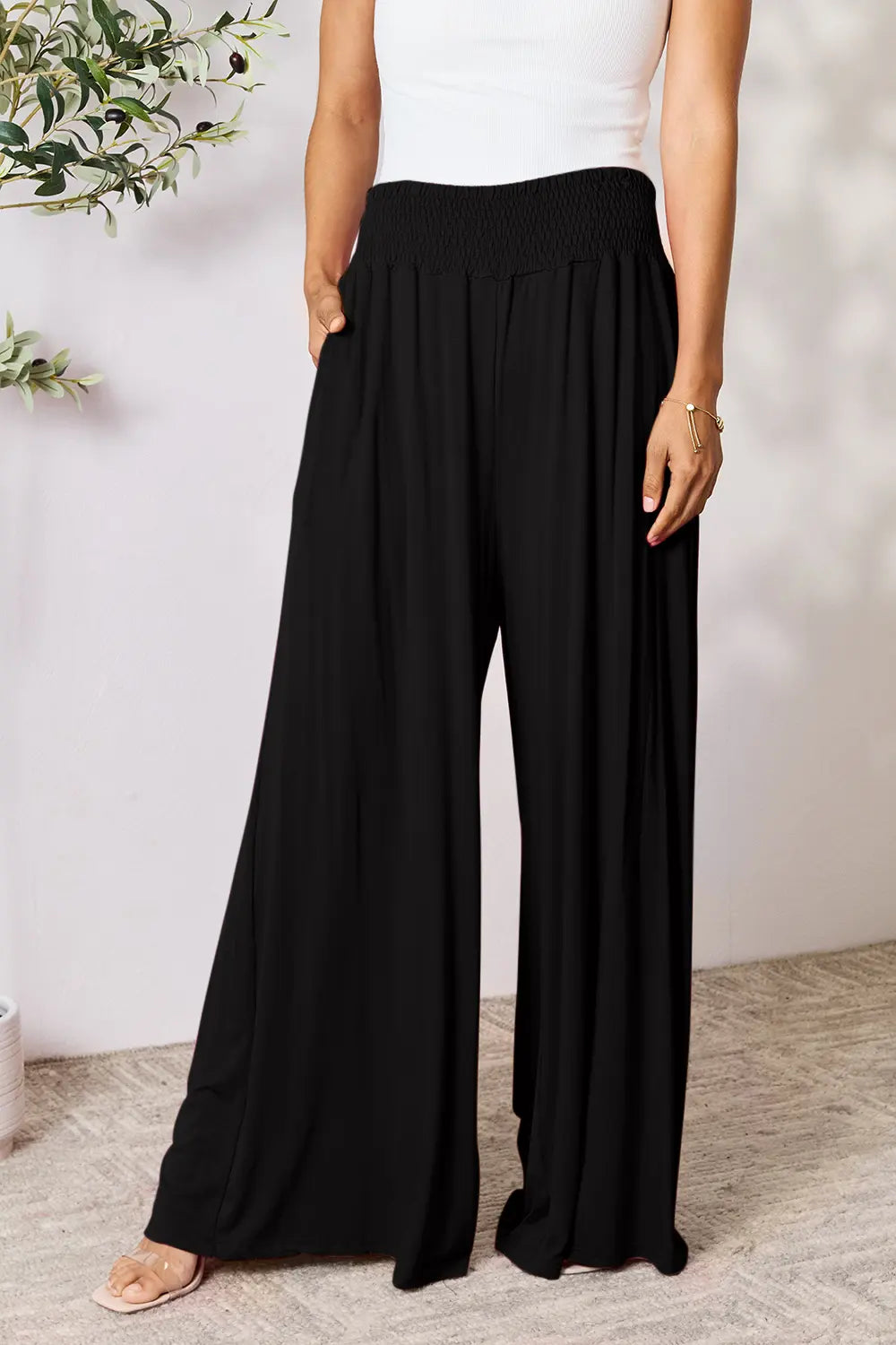 Basic Bae Full Size Smocked Wide Waistband Wide Leg Pants Black
