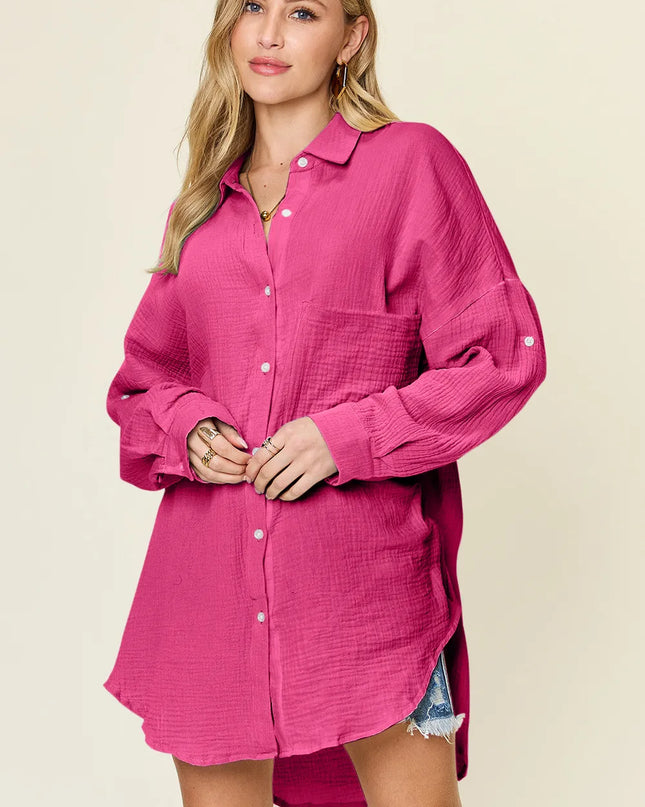 Double Take Full Size Pocketed Texture Button Up Shirt