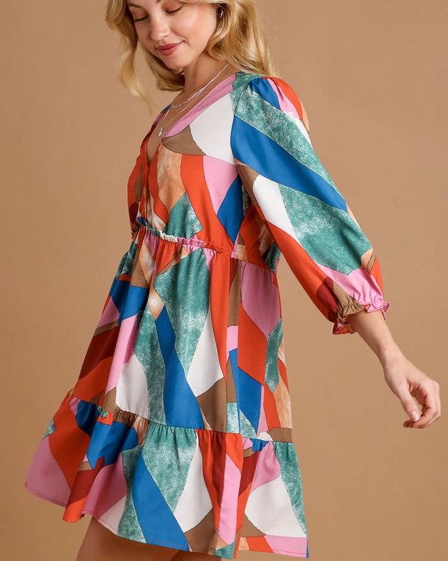 Umgee Abstract V-Neck Tiered Printed Dress