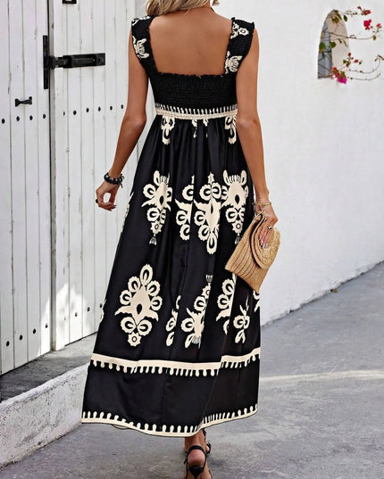 Smocked Printed Wide Strap Maxi Dress 