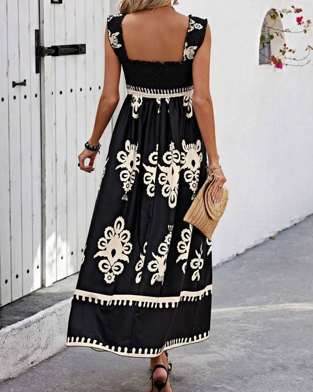 Smocked Printed Wide Strap Maxi Dress 