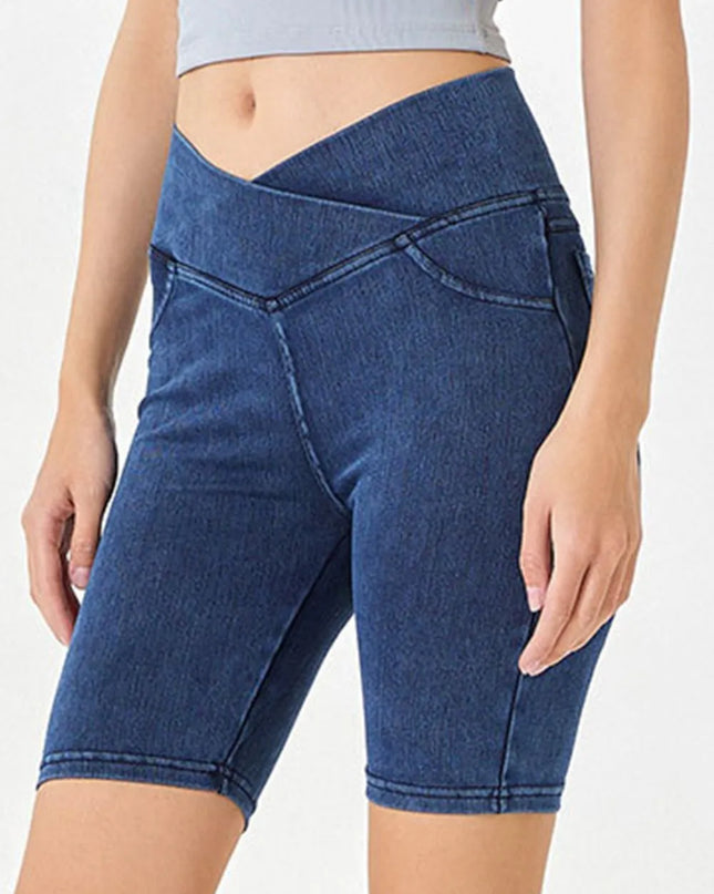 Basic Bae Asymmetrical Waist Denim Shorts with Pockets Peacock Blue