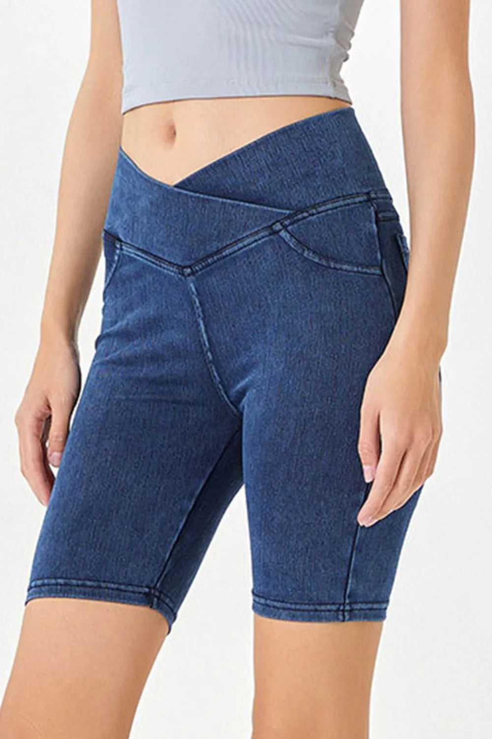 Basic Bae Asymmetrical Waist Denim Shorts with Pockets Peacock Blue