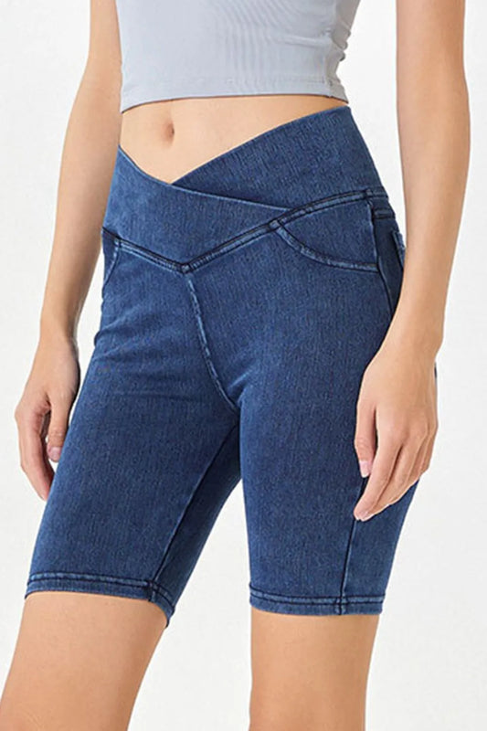Basic Bae Asymmetrical Waist Denim Shorts with Pockets Peacock Blue