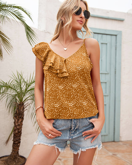 Ivy Lane Polka Dot Ruffle Trim Asymmetrical Tank Top