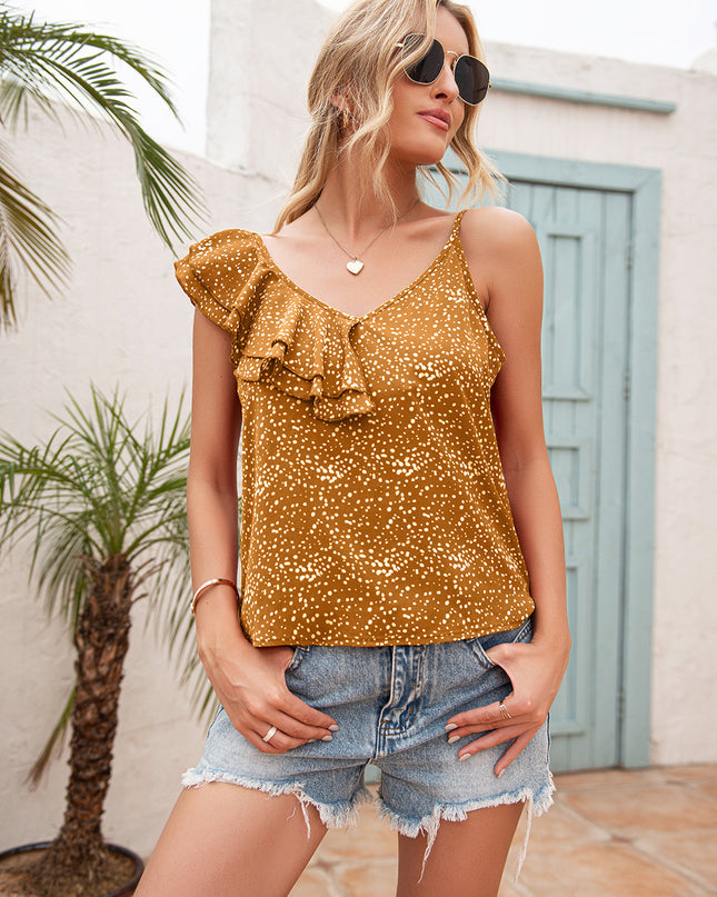 Ivy Lane Polka Dot Ruffle Trim Asymmetrical Tank Top