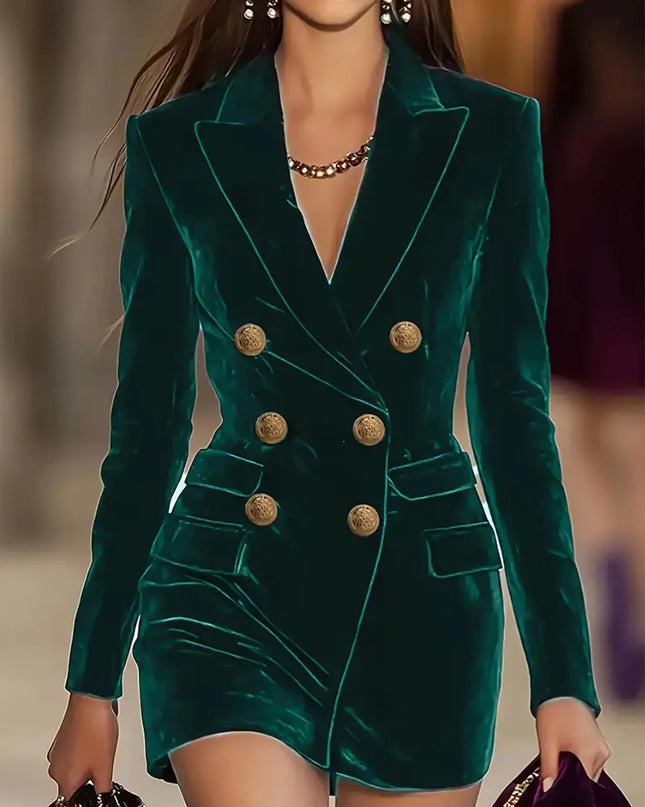 Velvet Double-Breasted Blazer Dress Green