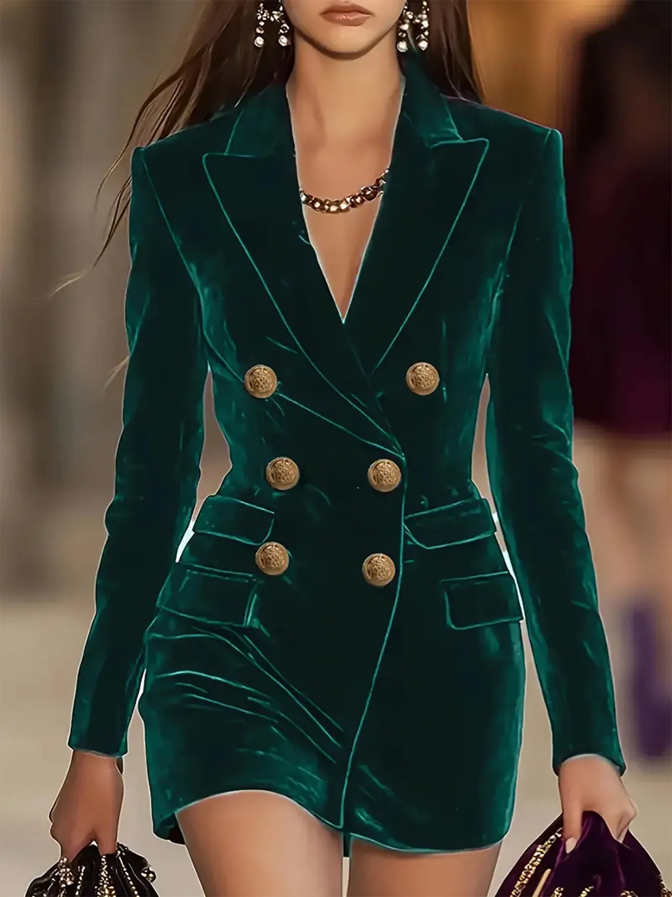 Velvet Double-Breasted Blazer Dress Green