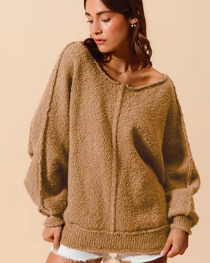 SO ME Loose Fit Exposed Seam Slouchy Boucle Sweater