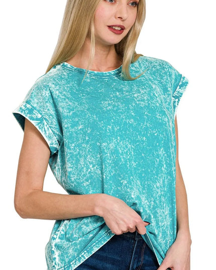 Zenana Crinkle Washed Round Neck Folded Short Sleeve Tee 