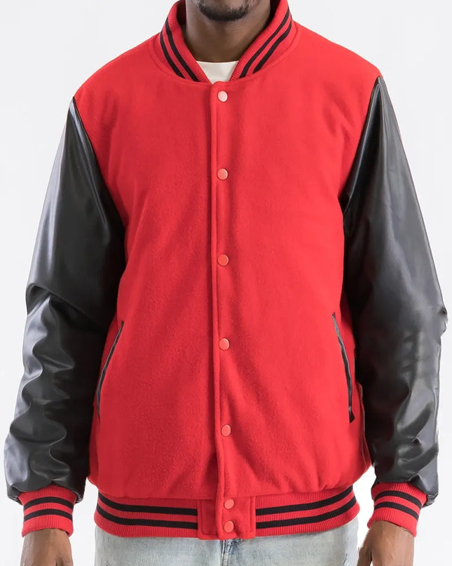 WEIV Men's Full Size Varsity Bomber Jacket with Leather Sleeves Plus Size RED BLACK