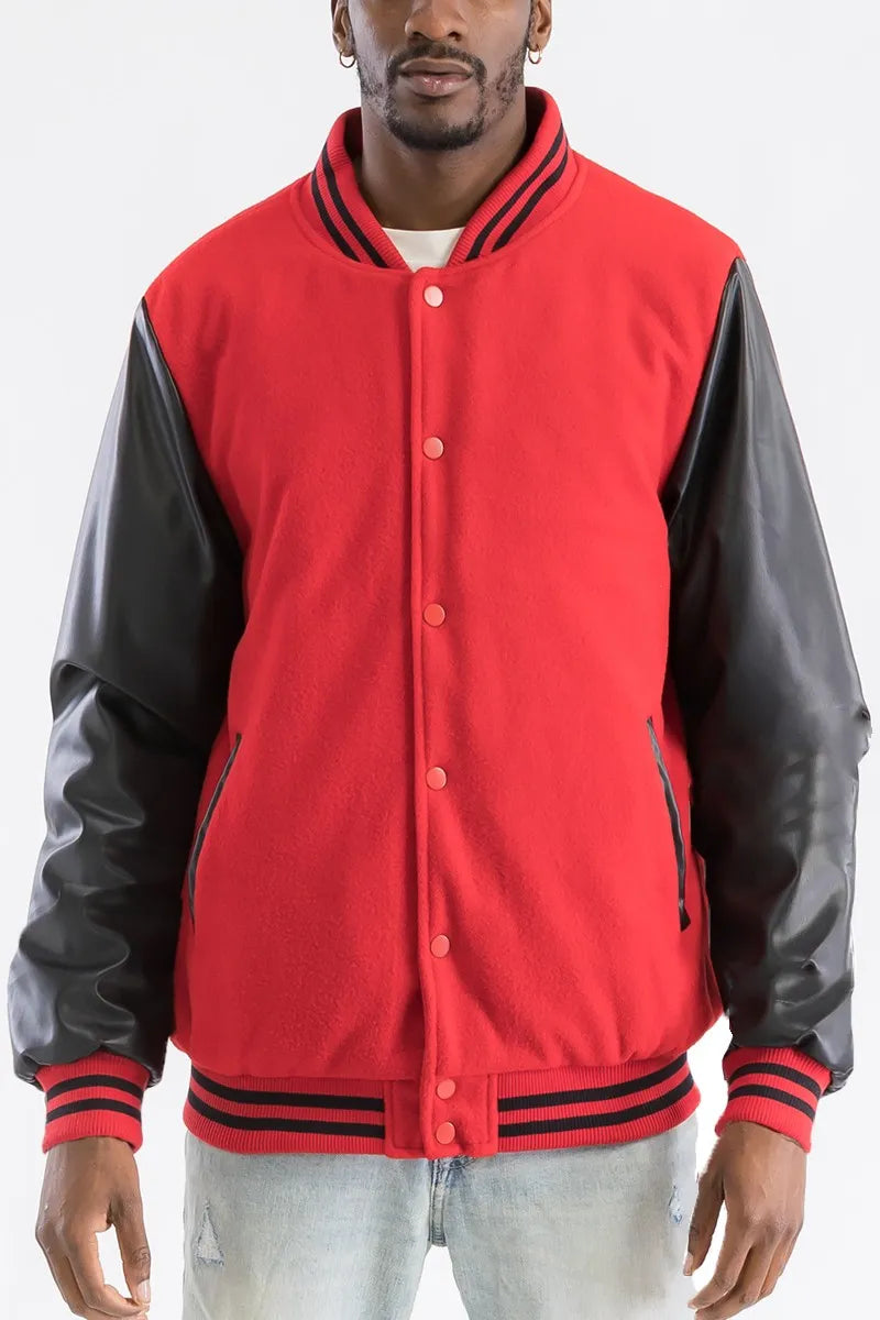 WEIV Men's Full Size Varsity Bomber Jacket with Leather Sleeves Plus Size RED BLACK