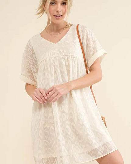 And The Why Woven Leopard Baby Doll Roll-Sleeve Casual Dress White