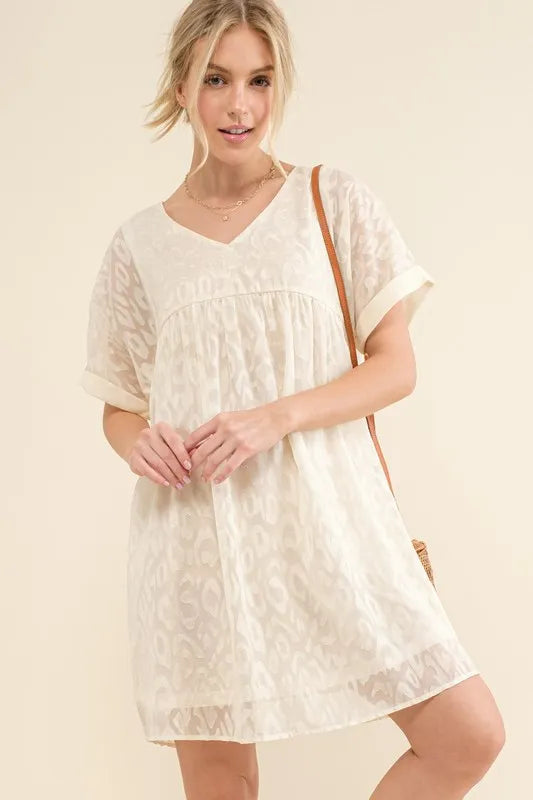 And The Why Woven Leopard Baby Doll Roll-Sleeve Casual Dress White