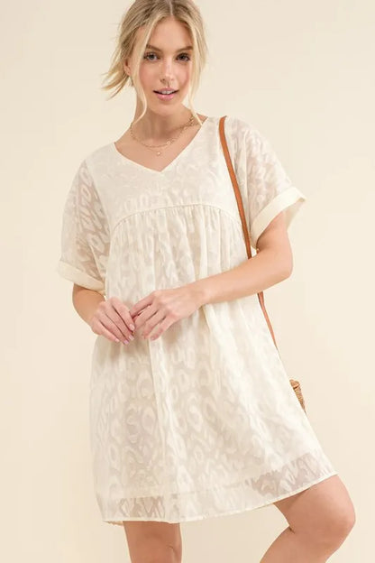 And The Why Woven Leopard Baby Doll Roll-Sleeve Casual Dress White