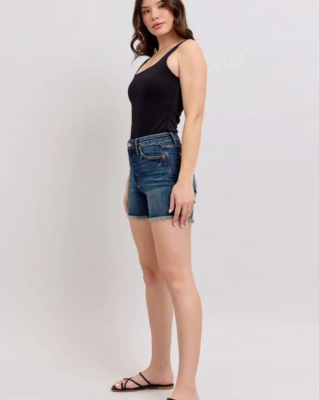 Judy Blue Tummy Control Fray Hem & Shield Back Pockets Denim Shorts