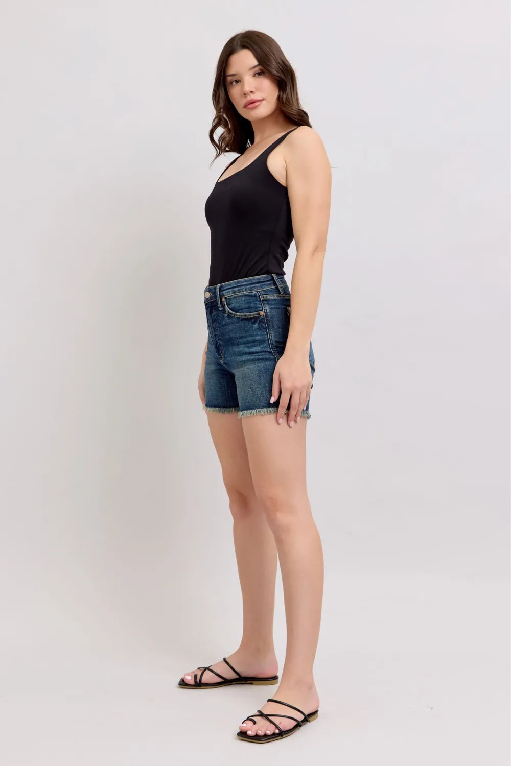 Judy Blue Tummy Control Fray Hem & Shield Back Pockets Denim Shorts