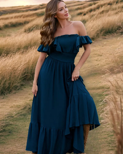 Ruffled Smocked Square Neck Maxi Dress Dark Navy