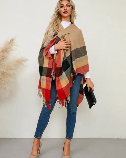 Fringe Contrast Plaid Poncho