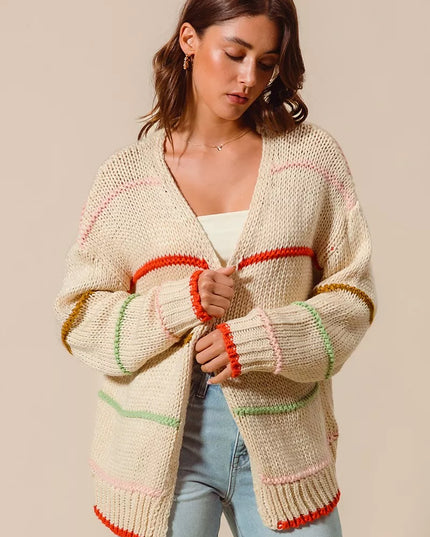 SO ME Loose Fit Multi Stripe Open Front Cardigan