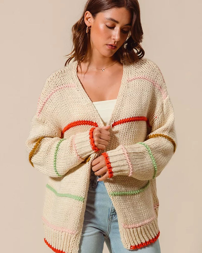 SO ME Loose Fit Multi Stripe Open Front Cardigan