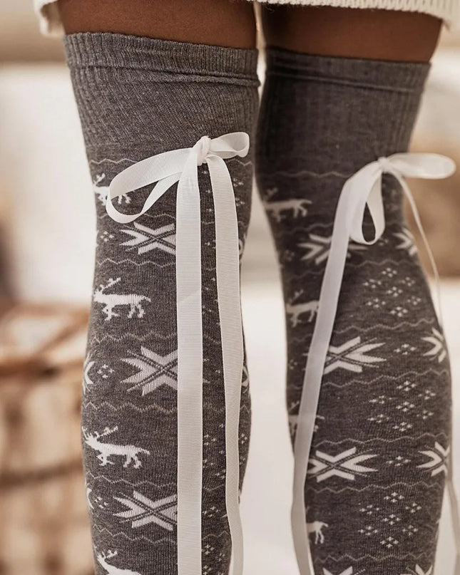 Christmas Element Bowknot Ribbed Trim Over Knee Stockings