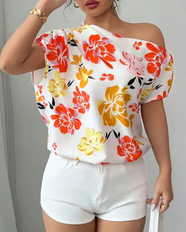 Floral Print One Shoulder Short Sleeve Blouse