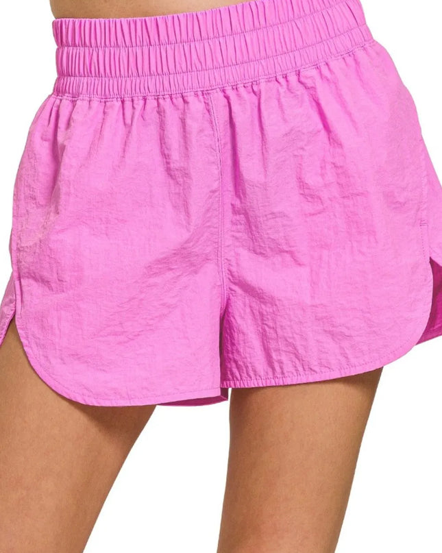 Zenana Windbreaker Smocked Waistband Running Shorts BRIGHT MAUVE