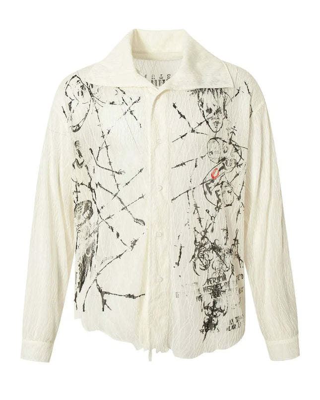 Men's Abstract Print Button-Up Shirt Cracked White