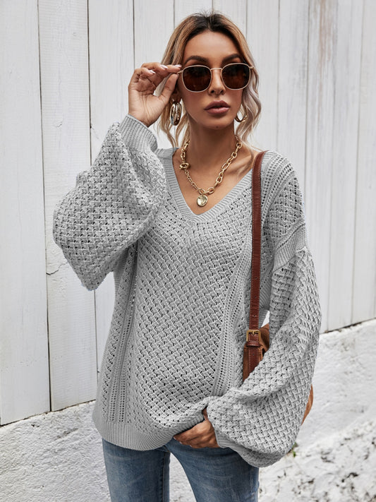 Angel Wings V-Neck Dropped Shoulder Sweater Light Gray