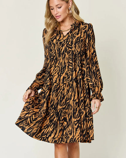 Double Take Full Size Printed Ruffle Hem Long Sleeve Dress