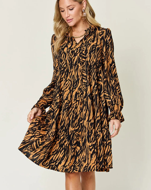 Double Take Full Size Printed Ruffle Hem Long Sleeve Dress