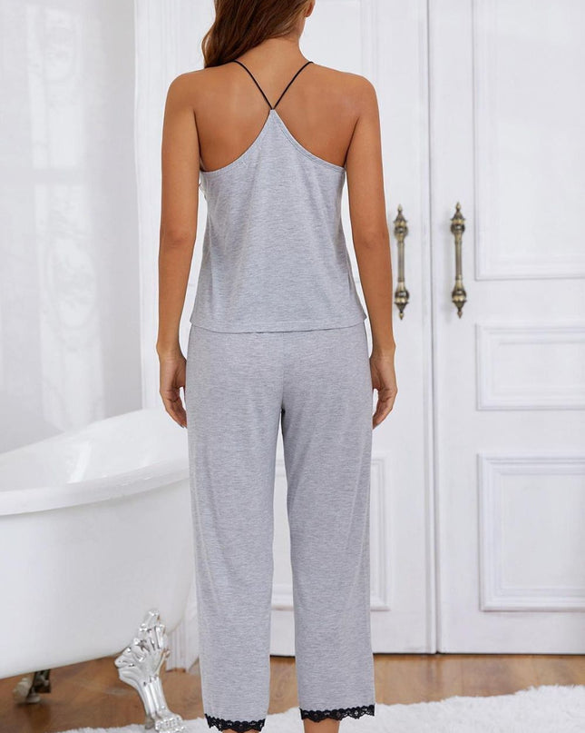 Halter Neck Cami and Lace Trim Pajama Set
