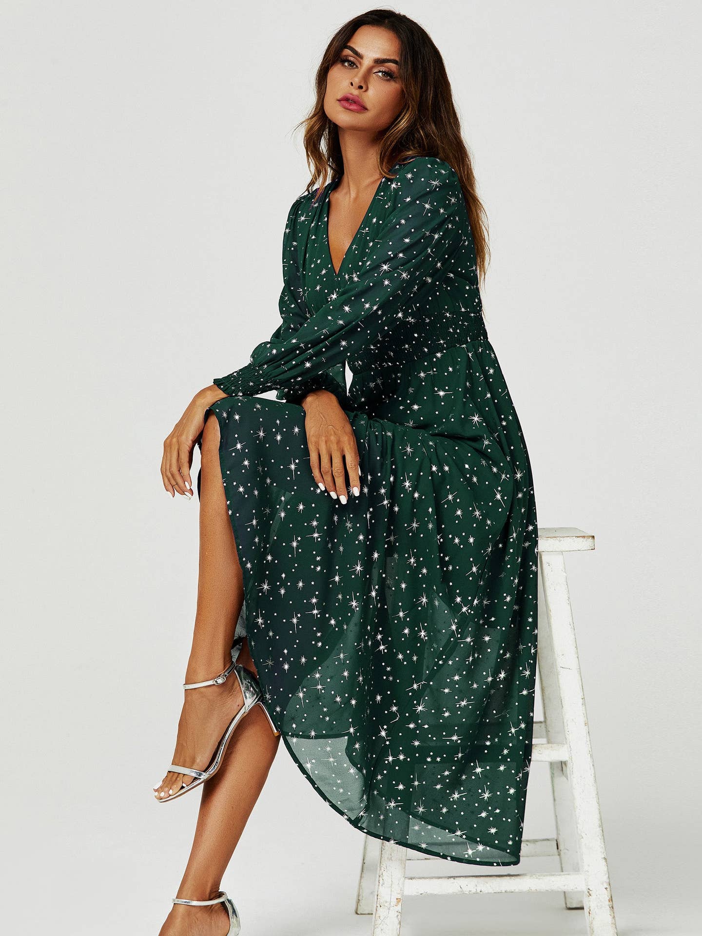 Silver Star Foil Long Sleeve Maxi Dress in Green