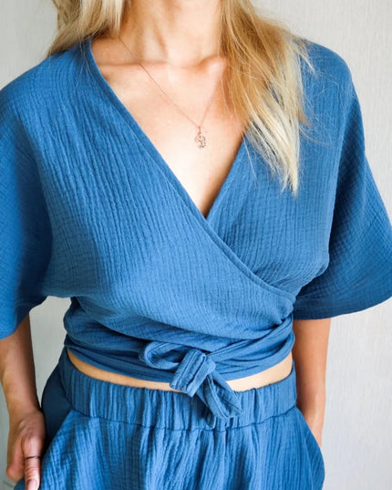 Tied Textured Half Sleeve Blouse