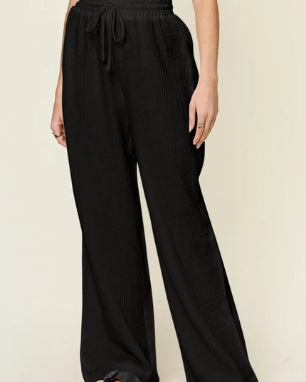 Double Take Full Size Texture Drawstring Wide Leg Pants Black
