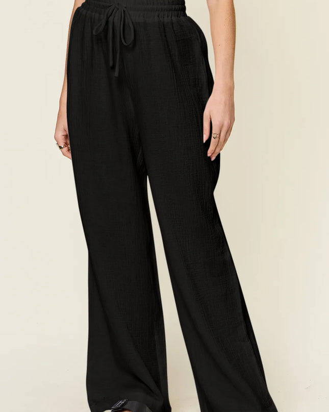 Double Take Full Size Texture Drawstring Wide Leg Pants Black