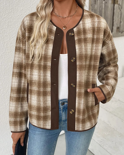 Plaid Long Sleeve Button-Up Jacket Khaki