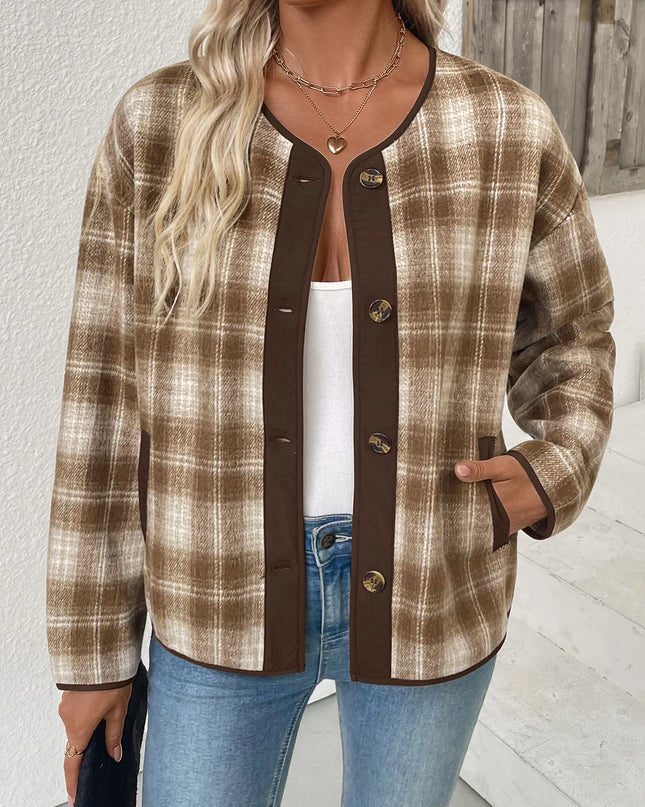 Plaid Long Sleeve Button-Up Jacket Khaki