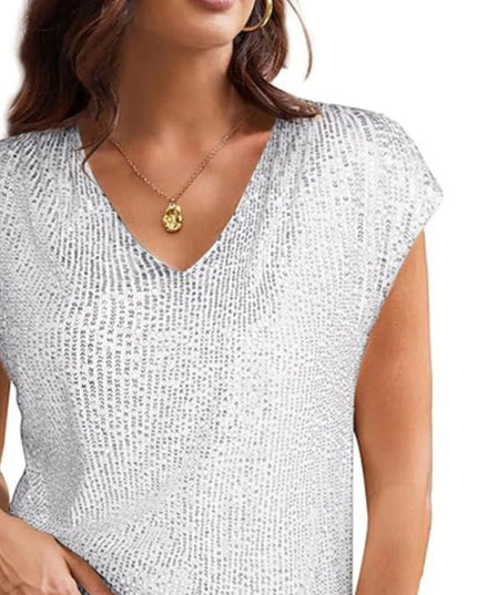 V-Neck Sequin Cap Sleeve Top