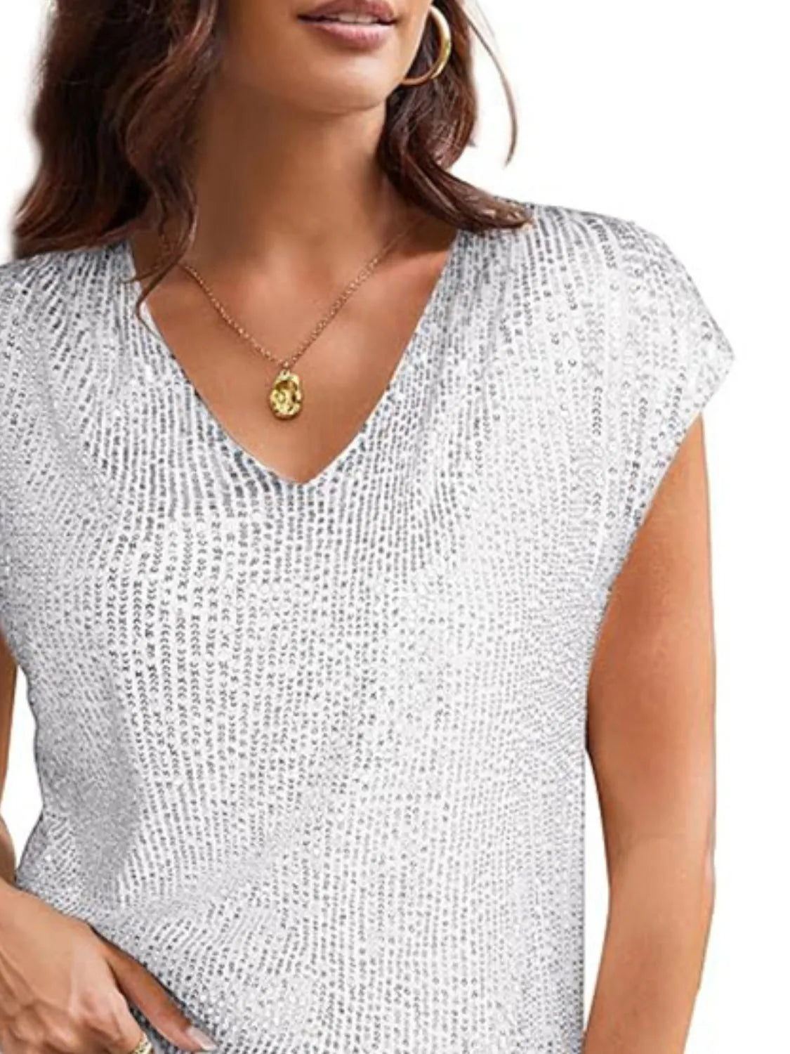 V-Neck Sequin Cap Sleeve Top